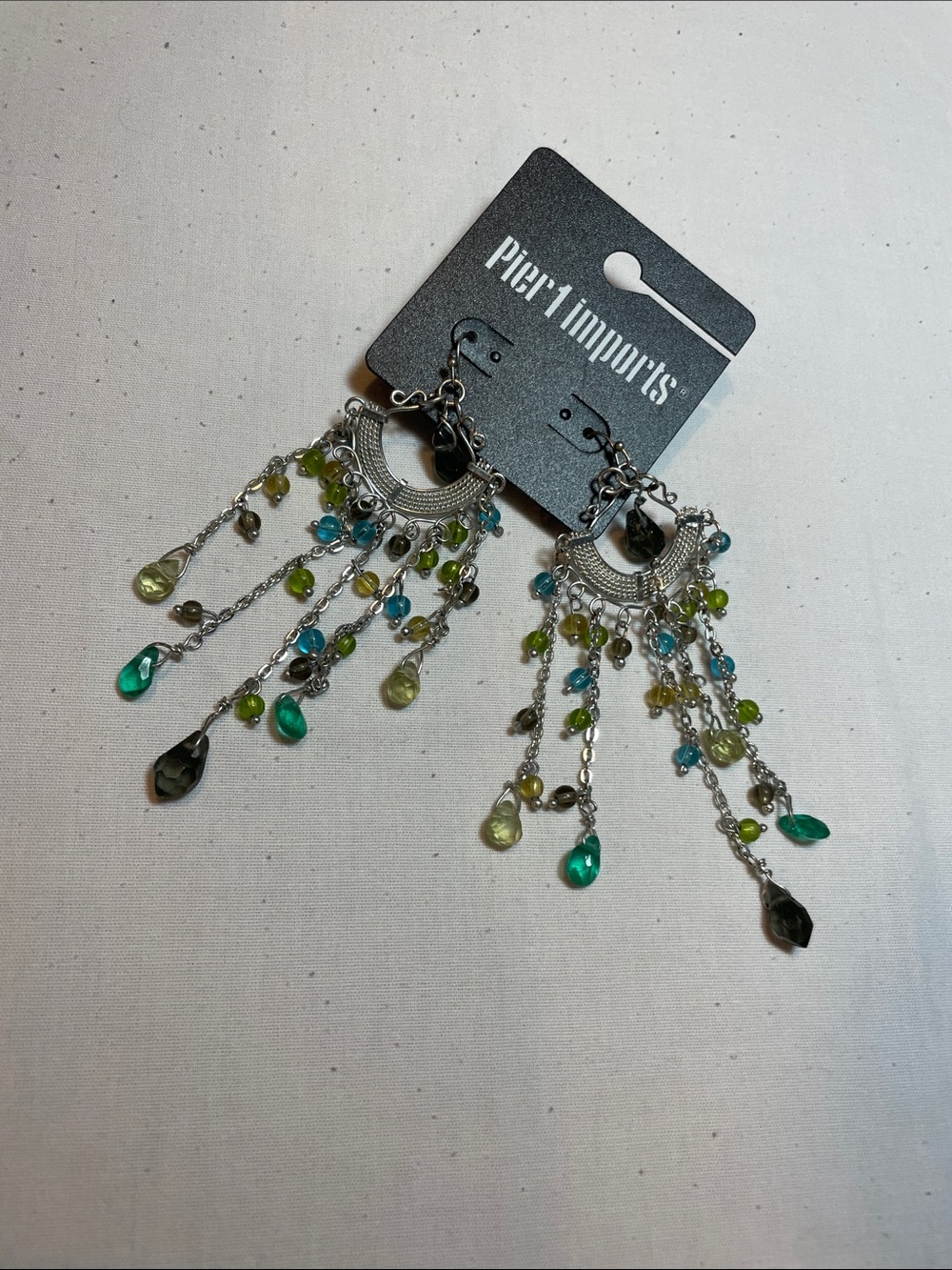 Pier 1 Silver-Tone Multi-Bead Cascade Earrings with Green, Teal & Yellow Drops